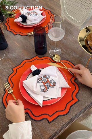 Alphabet H Orange Embroidered Placemat Set, 18 Pieces for 6
