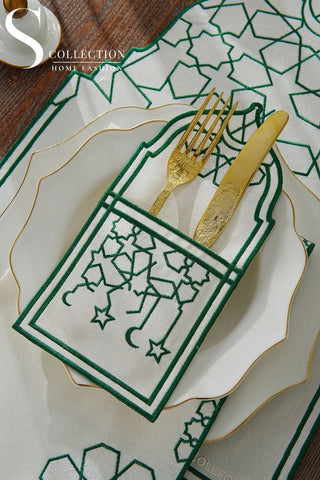 Ramadan Dome Green & Off White Embroidered Placemat Set, 24 Pieces for 6