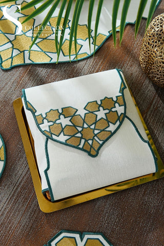 Ramadan Dome Green & Gold Embroidered Full Placemat Set, 26 Pieces for 6
