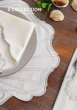 Marine Silver Embroidered Placemat Set, 24 Pieces for 6