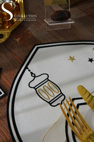 Ramadan Qamar Black & Gold Embroidered Placemat Set, 12 Pieces for 6