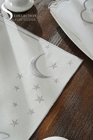 Ramadan Stellar Serenity Silver Embroidered Full Placemat Set, 26 Pieces for 6