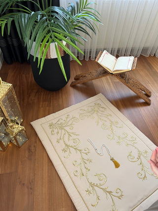 Jasmine Flower Design Luxury Prayer Rug - Gold Colour Embroidered On Beige Fabric