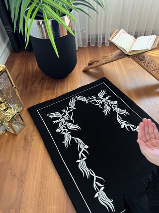 Tulip Design Luxury Prayer Rug - Silver Colour Embroidered On Black Fabric