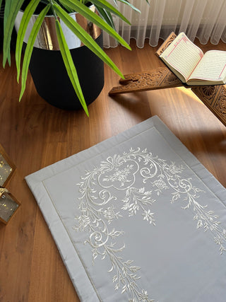 Ivy Design Luxury Prayer Rug - Silver Colour Embroidered On Grey Fabric