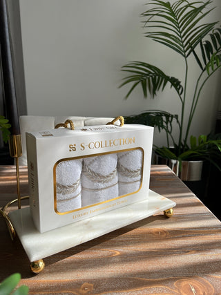Olive Branch Design Gift Towel Set - Silver Embroidered