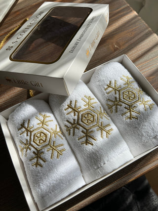 Christmas Snowflake Design Gift Towel Set - Gold Embroidered