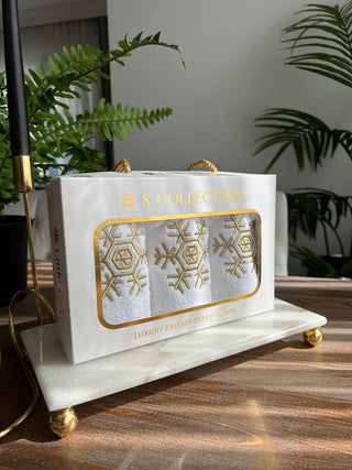 Christmas Snowflake Design Gift Towel Set - Gold Embroidered