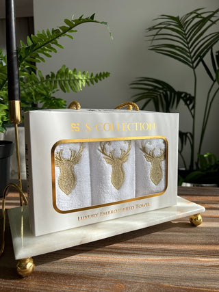 Christmas Gold Deer Design Gift Towel Set - Gold Embroidered