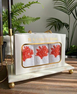 Coral Design Gift Towel Set - Light Red Embroidered