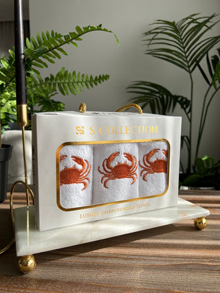 Crab Design Gift Towel Set - Pumpkin Color Embroidered