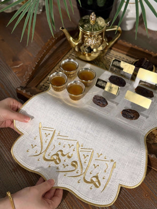 Welcome Design Tray Cover - %100 Linen Fabric - Gold Embroidered