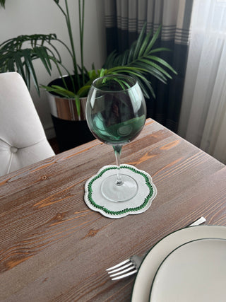 Leafy Allure Design Cocktail Napkin - Waterproof Fabric - Green Embroidered