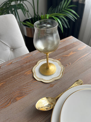 Leafy Allure Design Cocktail Napkin - Waterproof Fabric - Gold Embroidered