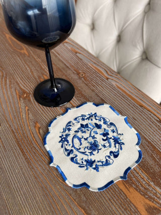 Bouquet Design Cocktail Napkin - Waterproof Fabric - Navy Blue Embroidered