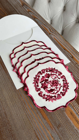Bouquet Design Cocktail Napkin - Waterproof Fabric - Burgundy Embroidered – S COLLECTION – image 4
