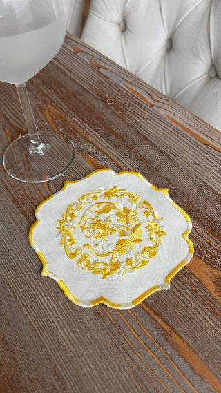 Bouquet Design Cocktail Napkin - Waterproof Fabric - Yellow Embroidered