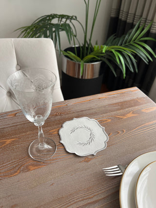 Laurel Wreath Design Cocktail Napkin - Waterproof Fabric - Silver Embroidered