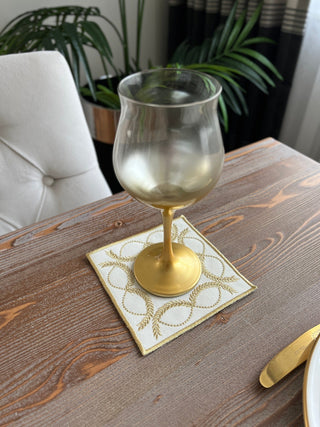 Olive Branch Design Cocktail Napkin - Waterproof Fabric - Shine Gold Embroidered