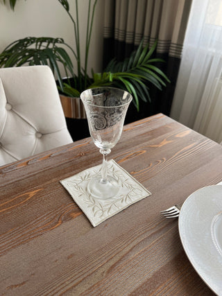 Flower Design Cocktail Napkin - Waterproof Fabric - Shine Silver Embroidered