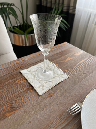 Olive Branch Design Cocktail Napkin - Waterproof Fabric - Shine Silver Embroidered