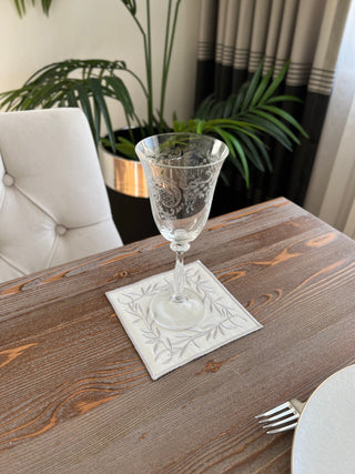 Flower Design Cocktail Napkin - Waterproof Fabric - Silver Embroidered