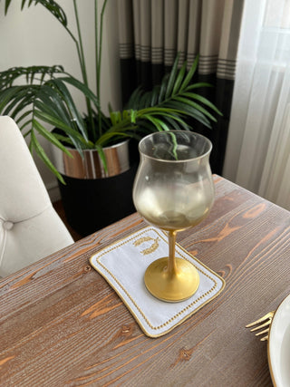 Laurel Wreath Square Design Cocktail Napkin - Waterproof Fabric - Gold Embroidered