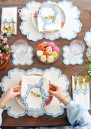 Cloud Light Blue Embroidered Placemat Set, 24 Pieces for 6