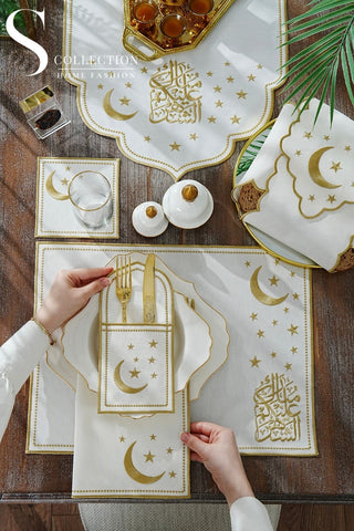 Ramadan Glamorous Gold Embroidered Full Placemat Set, 26 Pieces for 6